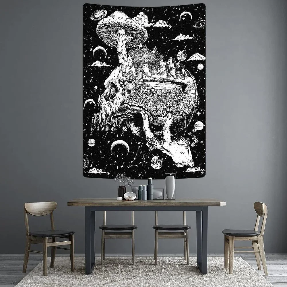 Hand Holding Skull Black White Mushroom Moon Dark Fantasy Goth Big Wall Tapestry